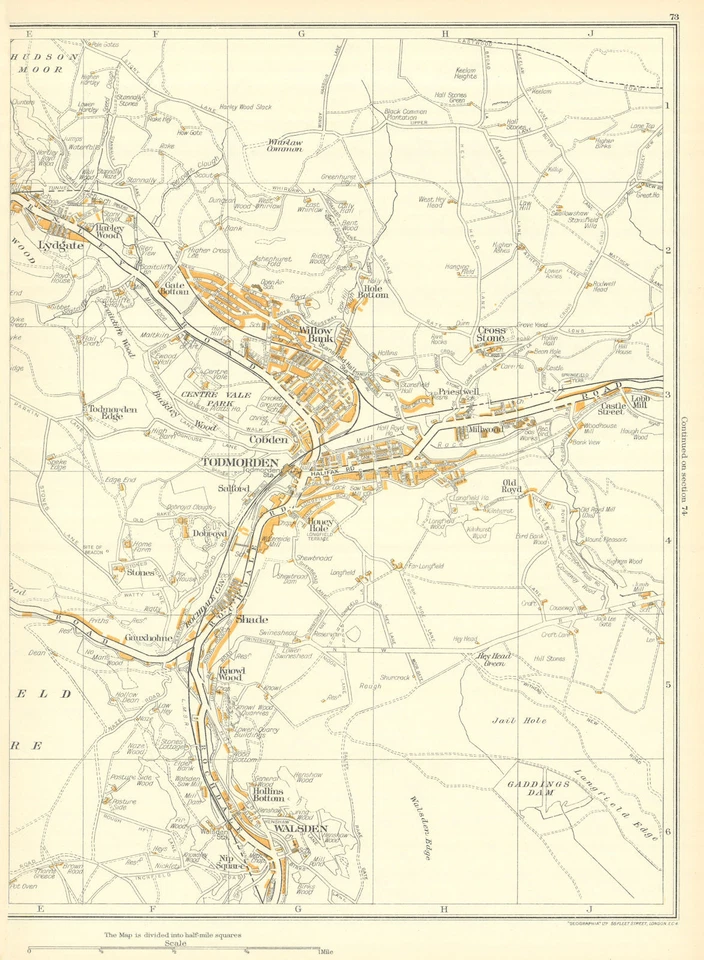 TODMORDEN Willow Bank Walsden Lydgate Shade Hollins Bottom Gauxholme 1935 map