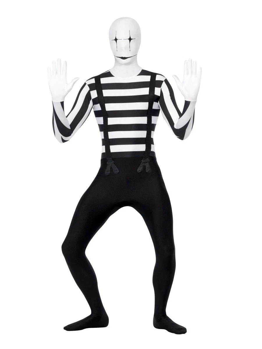 Mime Second Skin Costume Adult Men's Creepy Clown Black & White w Bum Bag  MEDIUM | eBay