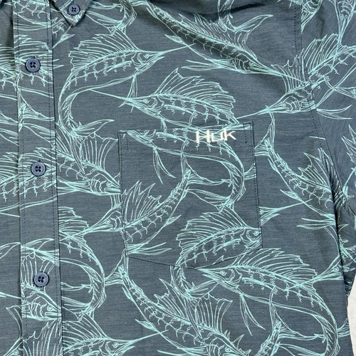 Mens Huk Short Sleeve Button Up Shirt Fishing Performance Blue Swordfish Size L - Picture 3 of 6