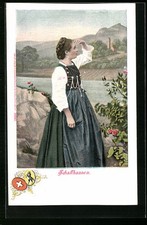 Schaffhausen, young woman in costume on the Rhine, postcard