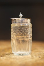 Antique Victorian 1875 Birmingham Sterling Silver Mounted Cut Glass Mustard Pot