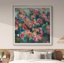 48x48 Red Pink Roses Garden Thick Paint Style Art PRINT By Artist Jose Trujillo
