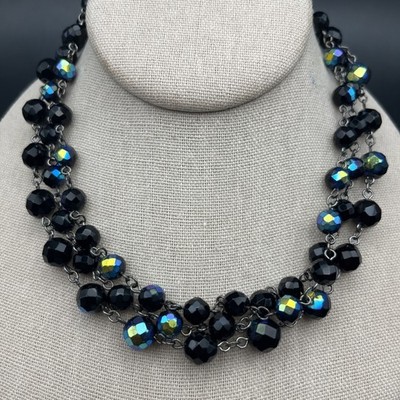 Express Beaded Necklace Glass Bead Black Iridescent Shiny Multi Strand Collar