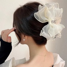 White Organza Bow Claw Clip Graceful Large Fits Women Big Bow Hair Claws