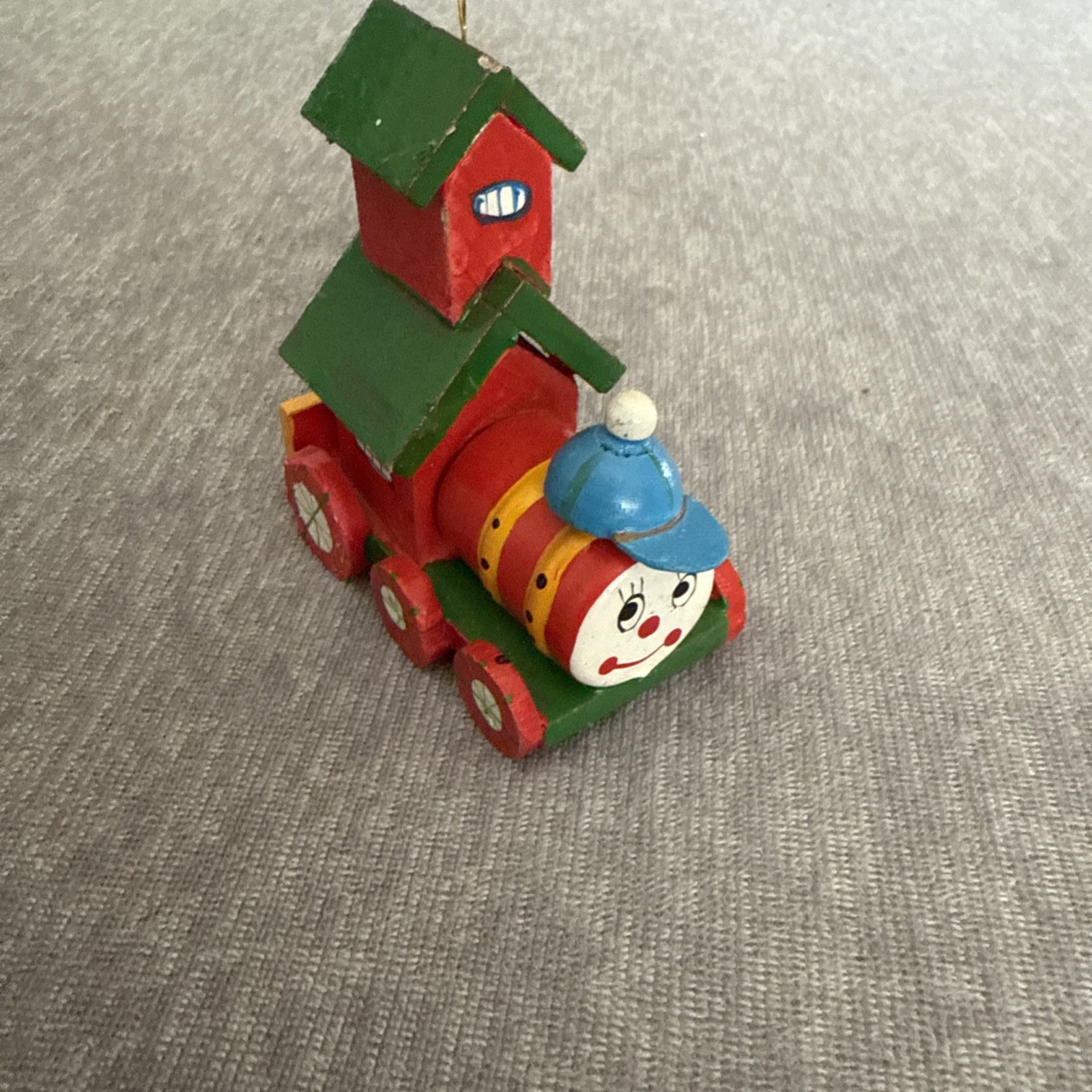 Vintage Wooden Choo Choo Train Engine Hanging Christmas Ornament Red and Green