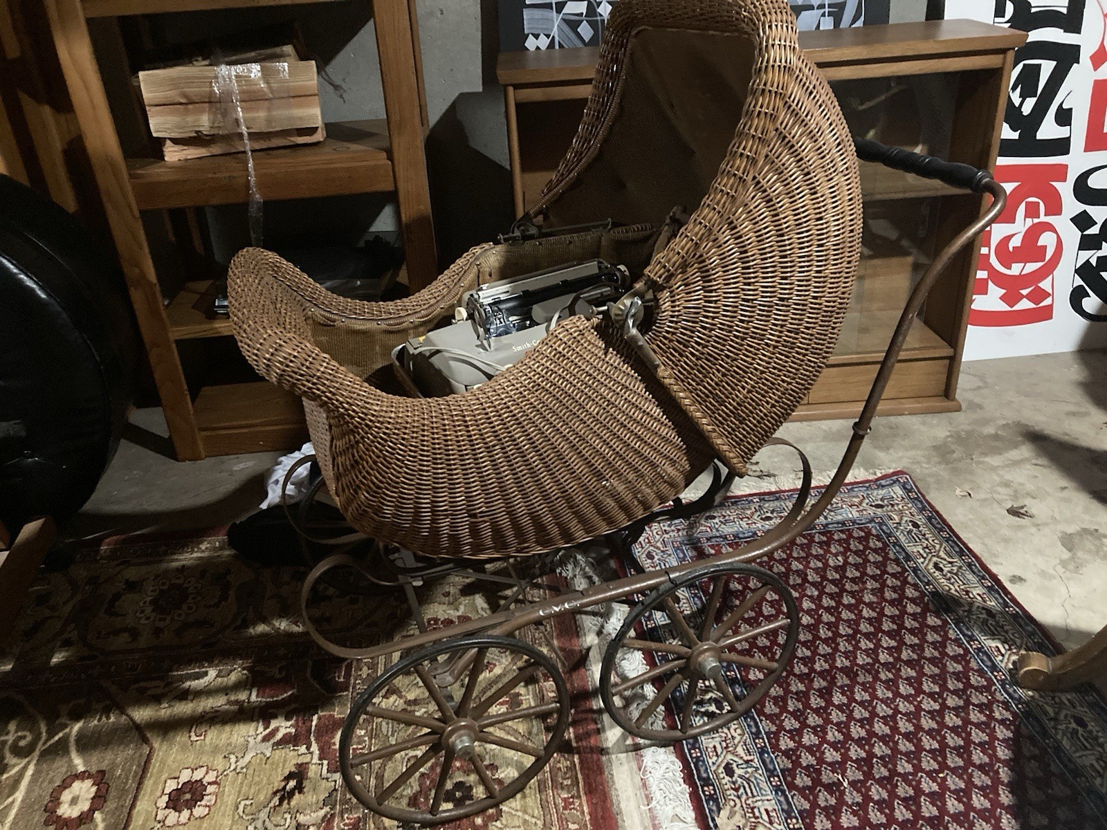 Antique C.V.C Wicker Corduroy Lined Baby Basket Carriage Cast Iron 1800s 1900s