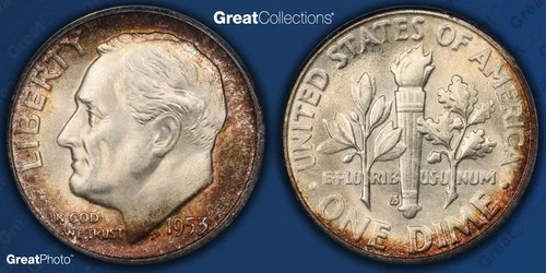 1953 S TONED Roosevelt Dime ANACS MS 66 Toning Silver Coin 10C