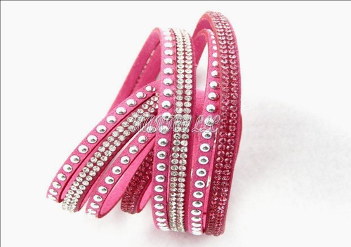 PULSERA/COLLAR DE CUERO ROSA Y ESTRÁS ENVUELTO BLING - Imagen 3 de 9