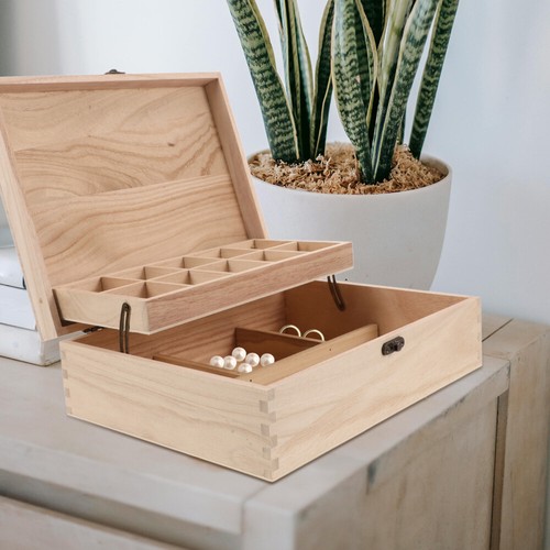 Wooden Jewelry Organizer DIY Wood Keepsake Box Unfinished Box Trinket Storage - Picture 3 of 12