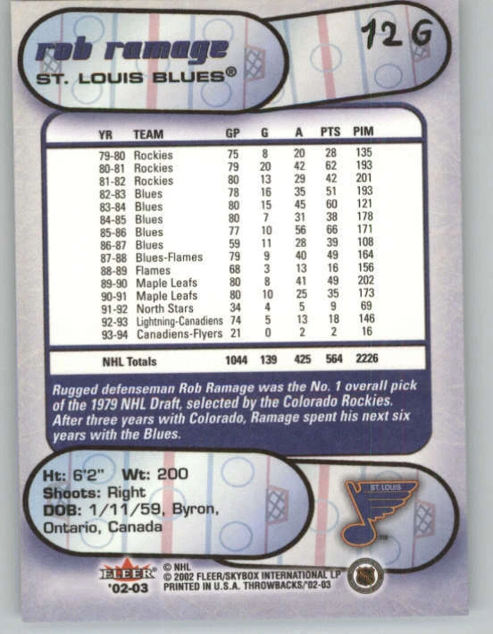 2002-03 Fleer Throwbacks Gold #12 Rob Ramage (ref 162212) - Image 2 of 2