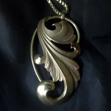 Vtg Signed Forstner 925Vermeil Necklace 2"Leaf Pendant Art Nouveau Holly Regency