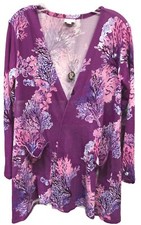 NWT LuLaRoe Medium Purple Pink Blue Leaves Floral Caroline Cardigan Sweater