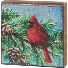 Primitives by Kathy Holiday Woodland Block Sign Cardinal Bird Tier Tray Decor