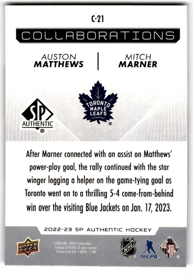 2022-23 SP Authentic Collaborations Auston Matthews/Mitch Marner #C-21 Toronto - Image 2 of 2