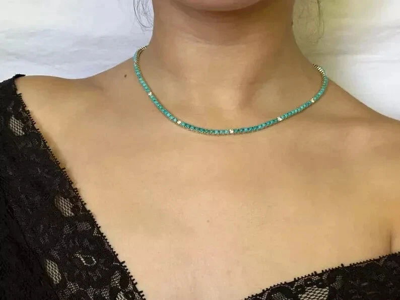 Collar Tenis Turquesa Corte Redondo 4mm Creado en Laboratorio 18" en Chapado en Oro Blanco 14K Foto 2 de 4