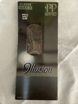 Vintage Pretty Polly Illusion Ultra Sheer Stockings Jet Black Glass S/M