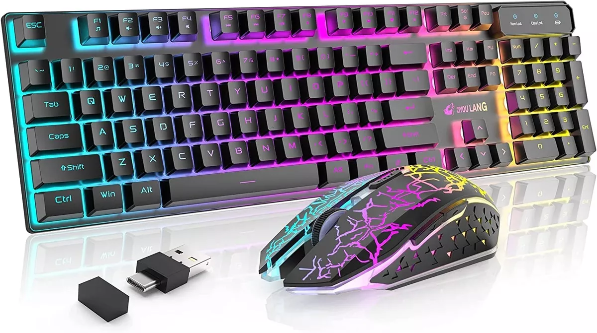 Wireless Gaming Keyboard and Mouse, 104 Keys Mechanical Keyboard Mice  Combo, Anti-Ghosting Ergonomic Rechargeable W/ 2.4G Wireless Receiver, RGB  LED Backlight for Windows Computer PC Gamer 