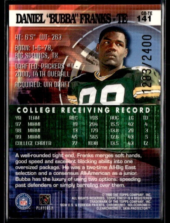 L41,742 -   2000 Finest #141 Bubba Franks RC /2400 - Image 2 of 2