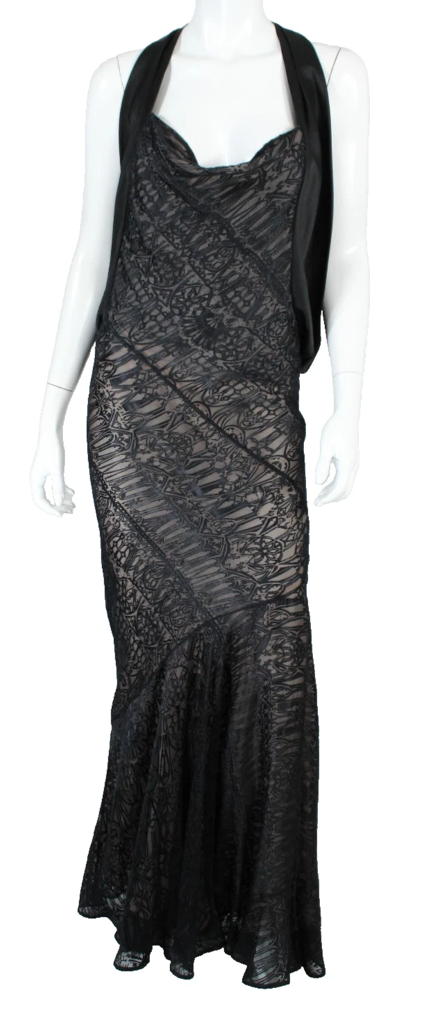 Alexander McQueen — ALEXANDER McQUEEN 2004 Black Silk Blend Geometric Burnout Satin Evening Gown 42