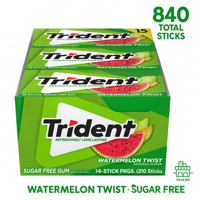 Trident Watermelon Twist Sugar Free Gum 14 Sticks, 15 Packs x4 Boxes (840)