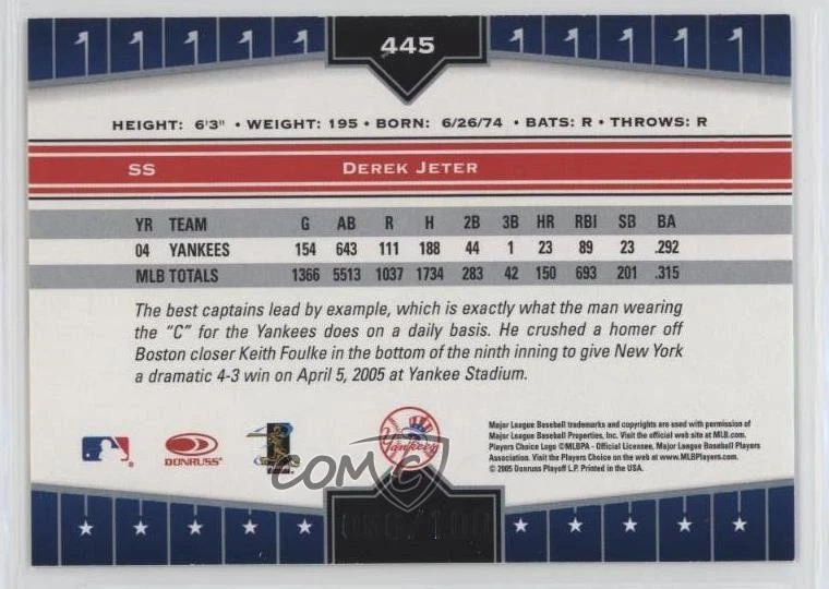 2005 Donruss Champions Blue Impressions /100 Derek Jeter #445 HOF - Image 2 of 2