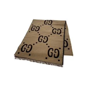 Gucci Authentique GG Logo Jacquard Laine Soie Écharpe Laine Marron Homme Femme