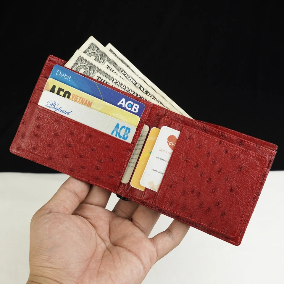 Cartera plegable de cuero negro/avestruz de cocodrilo/rojo para hombre Foto 4 de 4