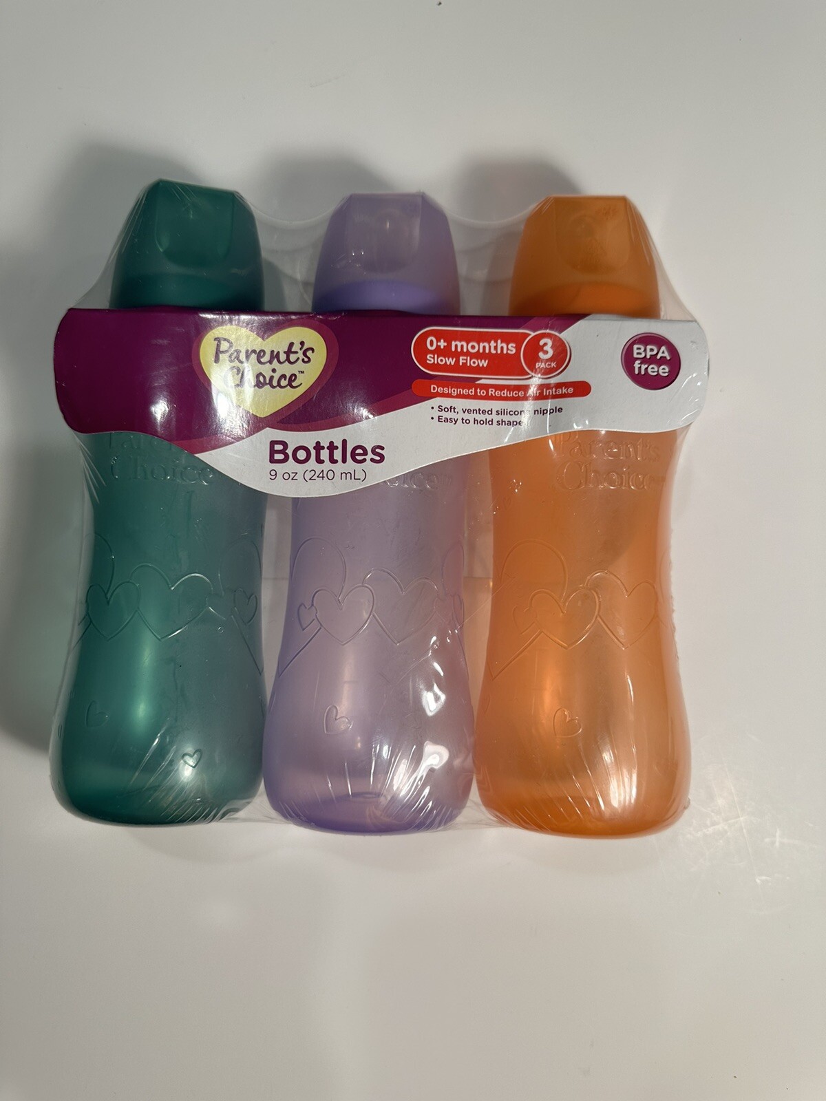 Parents Choice 3 Pack baby Bottles 9 oz orange purple green slow flow