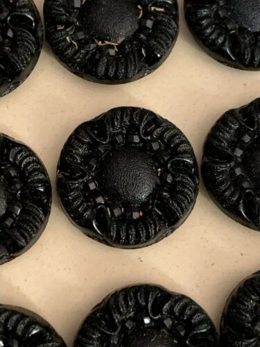 12 Antique Vintage Black Glass Button Carved Flower West Germany 1" Inch Diamete - Picture 6 of 7