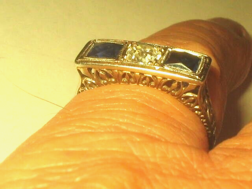 Edwardian 18k White Gold 1/2ct Diamond & 1ctw Sapphire Filigree Ring Sz 6.75 - Picture 3 of 6