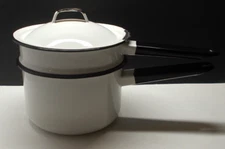 Vintage Double Boiler Enamelware 6 Cup White with Black Trim