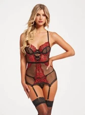 Seven ’til Midnight Floral Embroidered Lace Gartered Chemise Black Red