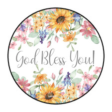30 GOD BLESS YOU SUNFLOWERS STICKERS ENVELOPE SEALS LABELS 1.5" ROUND FLORAL