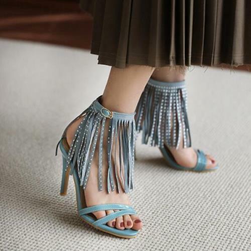 Womens Chic PU Studs Fringe Tassel 