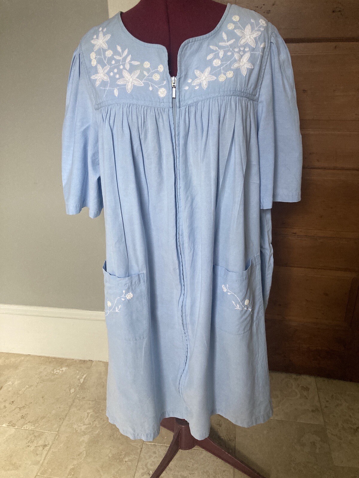 Go Softly Patio Denim Blue Embroidered Floral Ladybug House Mumu Dress