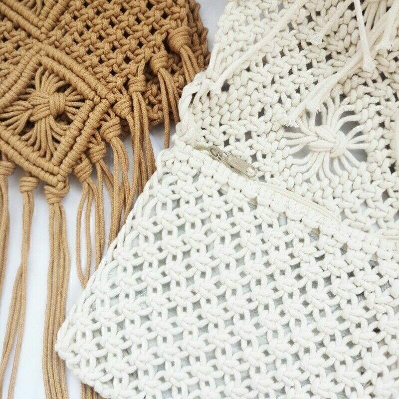 Women Crochet Crossbody Bag Handbag Boho Ethnic Fringe Tassel Vintage Summer