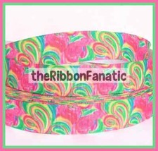 3yds 5/8" Lilly Paisley Flamingo Pink Coral Green All Nighter Grosgrain Ribbon