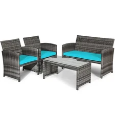 Patiojoy 4PCS Patio Rattan Furniture Set Conversation Glass Table Top Cushioned