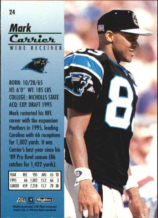 1996 SkyBox Premium Rubies #24 Mark Carrier WR Card - Image 2 of 2