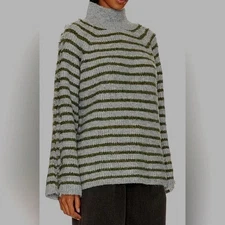 STITCHES + STRIPES Gray Olive Green Fuzzy Stripe Mock Neck Sweater XS