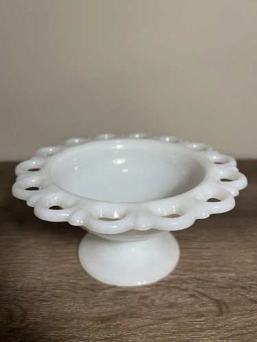 Vintage White Milk Glass Candy Dish Lace Edge 7x3.5 EUC