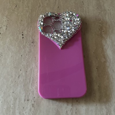 iPhone 14 Pro Case- New- Pink -3D Heart Shaped White bling &  Silicone Soft Case