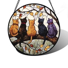 Stained Glass Window Hanging - 5 Cats on a Branch Suncatcher 7.8x7.8 IN Black