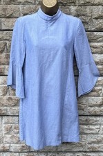 Ladies Zara Blue 3/4 Sleeve Side Pockets Shift Style Denim Mini Dress UK XS