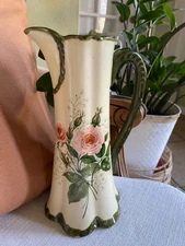 Vintage Ceramic Tall Pitcher With Flowers Pattern