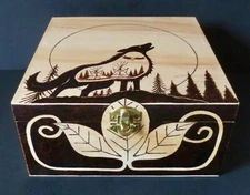 Wolf; Our Protector, scene of Burnt Work 7"x7" wooden box-J CPolchies -Mi'kmaq