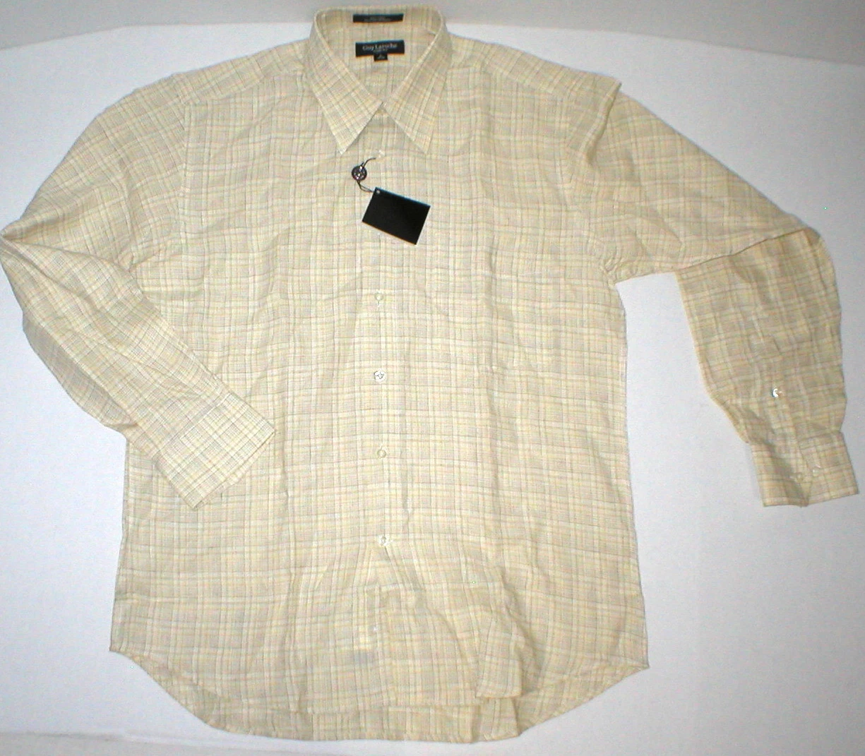 New Mens L NWT Guy Laroche Homme France Designer Shirt Yellow Brown Linen Plaid
