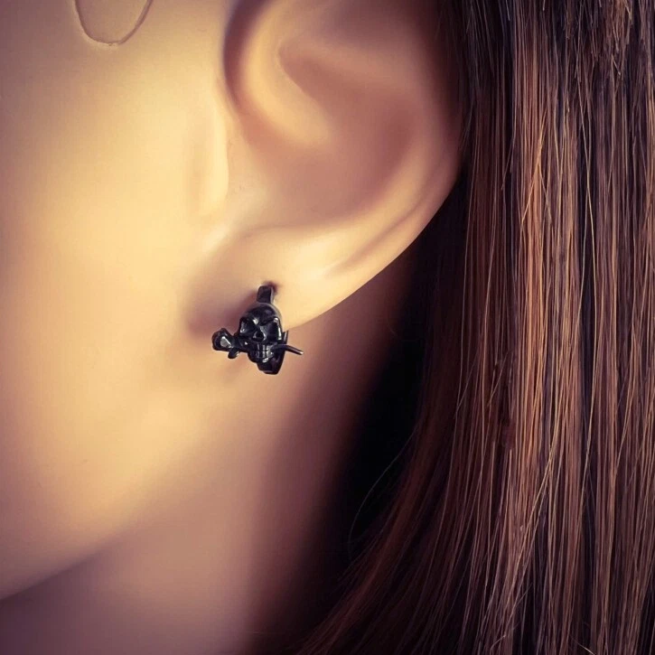316L Chirurgenstahl Klappcreolen Ohrringe in schwarz 11mm Totenkopf mit Rose - Bild 2 von 2