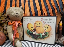 ADORABLE SHABBY VINTAGE PRIMITIVE FOLK STYLE HALL0WEEN PUMPKINS PLAY CARDS SIGN