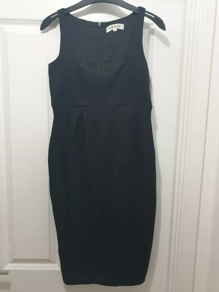 TOPSHOP SMART BLACK LBD STRAPPY SCOOPNECK PINTUCK FRONT KNEE